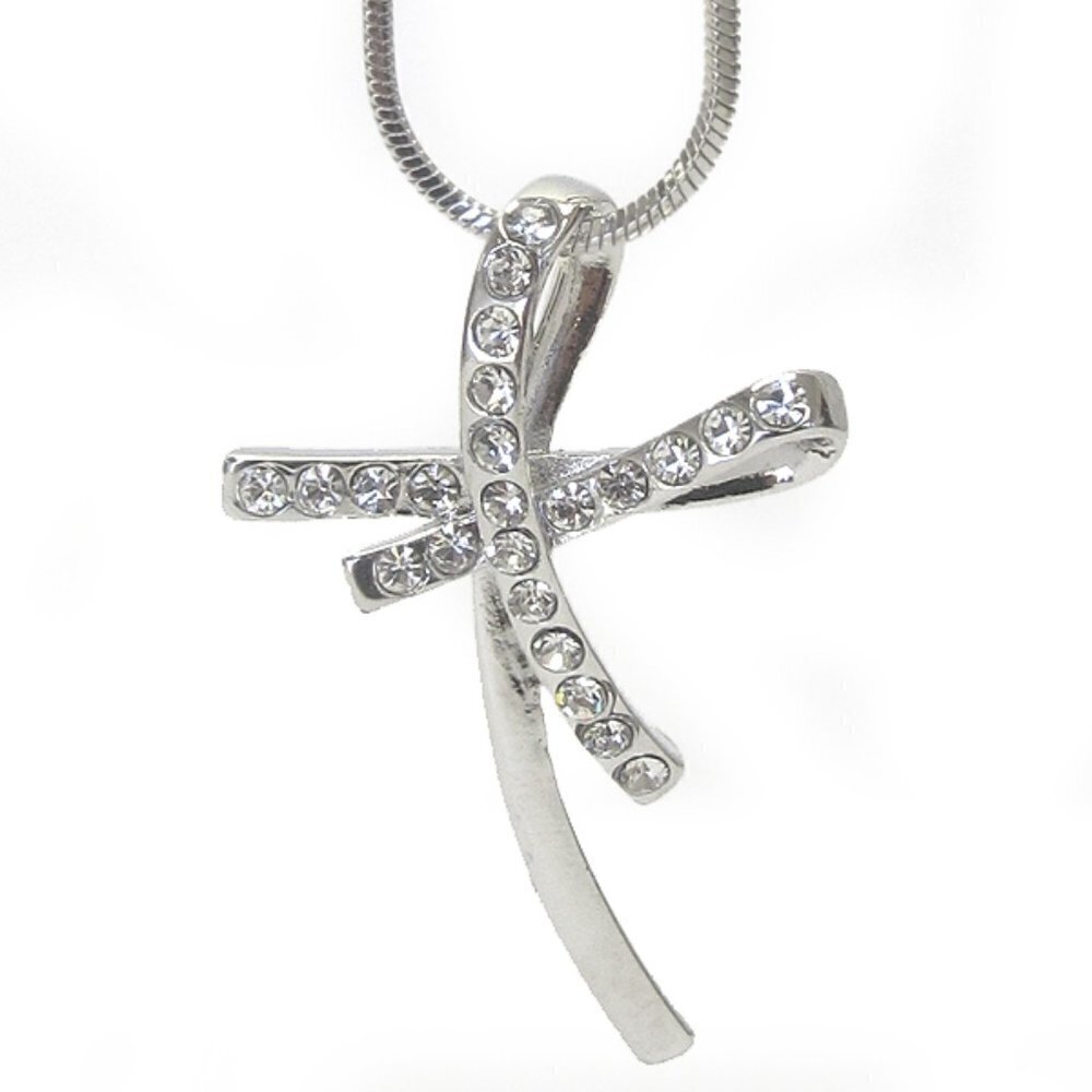 Curved Crystal Accent High Quality Cross Necklace - New W/Tags